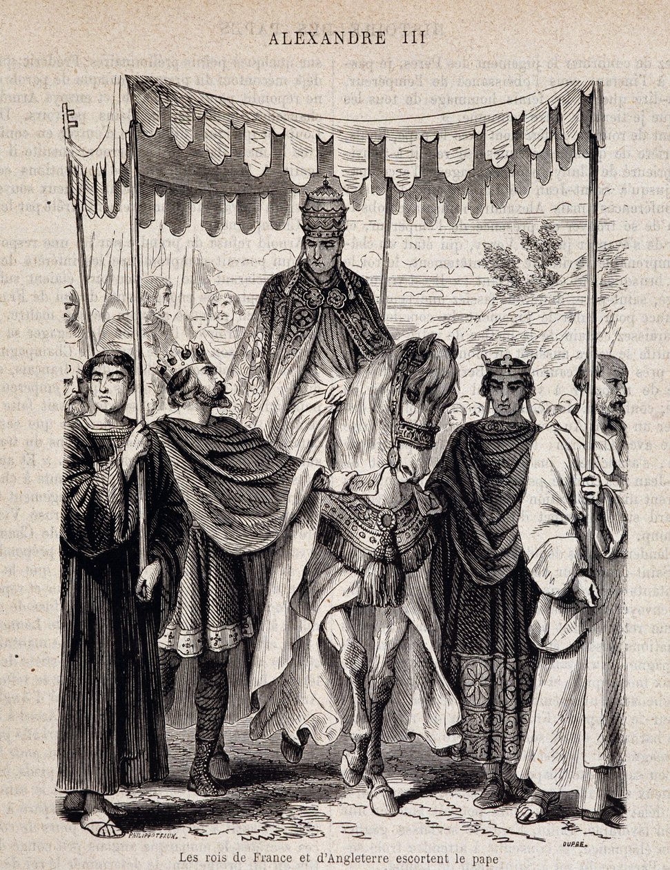 Los reyes de Francia Luis VII el Joven (1120 - 1180) y de Inglaterra escoltan al Papa Alejandro III - en “Historia de los papas”, s.d. de Unknown artist