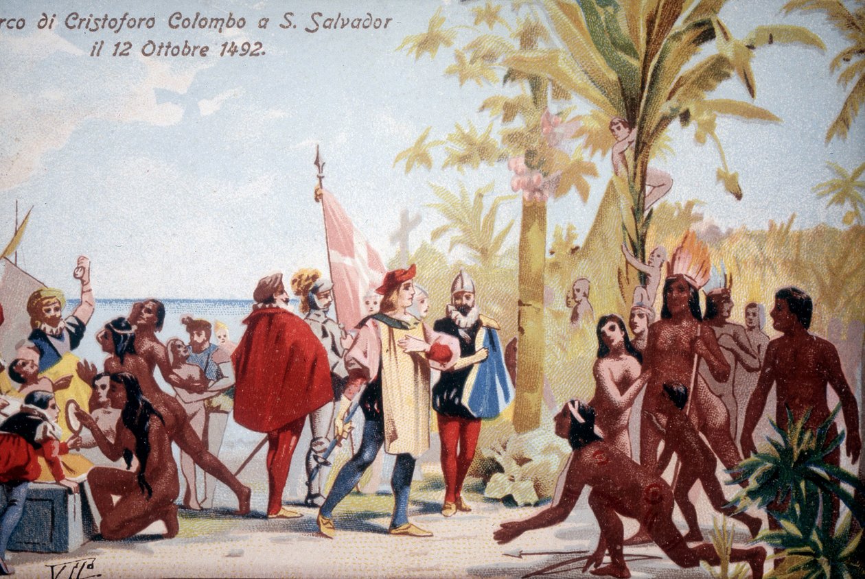 El desembarco de Cristóbal Colón en San Salvador (Bahamas) el 12/10/1492. Cromolitografía del siglo XIX de Unknown artist
