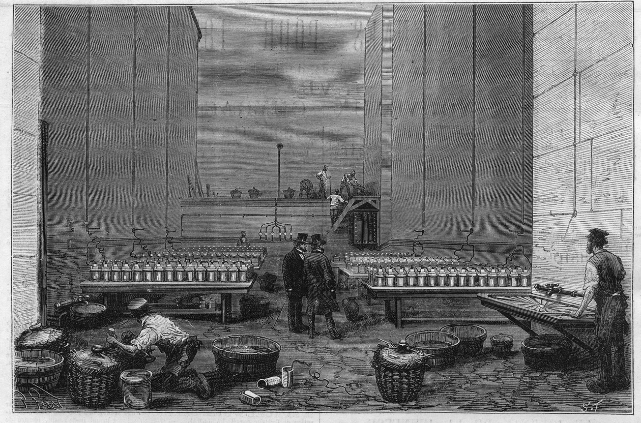La gran sala de electricidad de la Ópera Garnier donde doscientas baterías de Bunsen permiten proyectar los rayos del sol eléctrico de Unknown artist