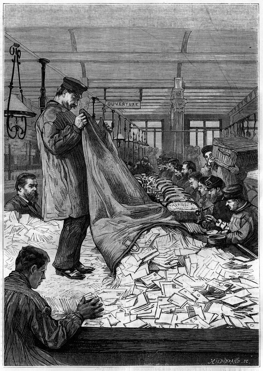 Las grandes mesas de cartas en los centros de clasificación del Hotel de Correos en la Rue du Louvre en París. Grabado en el diario “La jeunesse” de Unknown artist
