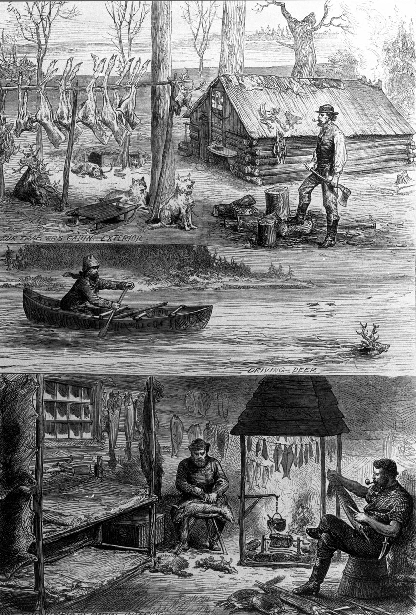 La vida de los tramperos (cazadores profesionales) en Canadá: en la parte superior, uno de los tramperos está cerca de su cabaña, en la parte inferior, trabajan el cuero y extraen la piel de los betabeles. Grabado del siglo XIX de Unknown artist