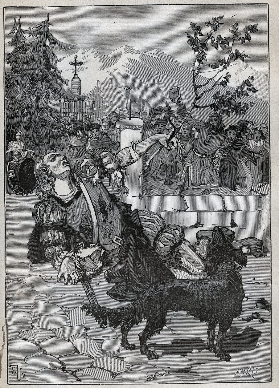 El tilo de Friburgo: un soldado de la Confederación Helvética llegó a Friburgo para anunciar la victoria de Suiza contra Carlos el Temerario en la Batalla de Morat el 22 de junio de 1476 con una rama de tilo del campo de batalla. El soldado murió. de Unknown artist