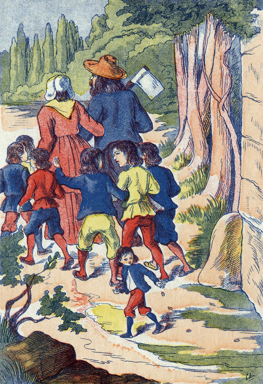 El pequeño pulgar siembra piedras en su camino. Ilustración para El pequeño pulgar, cuento de Charles Perrault (1628-1703), escritor francés. Ilustración anónima. Imágenes Marcel Vagne, Jarville Nancy, sin fecha (finales del siglo XIX) de Unknown artist