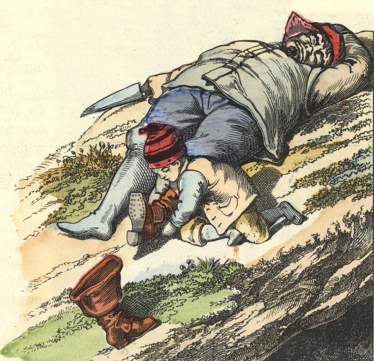 El pequeño Poucet roba las botas de 7 leguas del ogro dormido. Ilustración del cuento "Le Petit Poucet" de Charles Perrault de Unknown artist