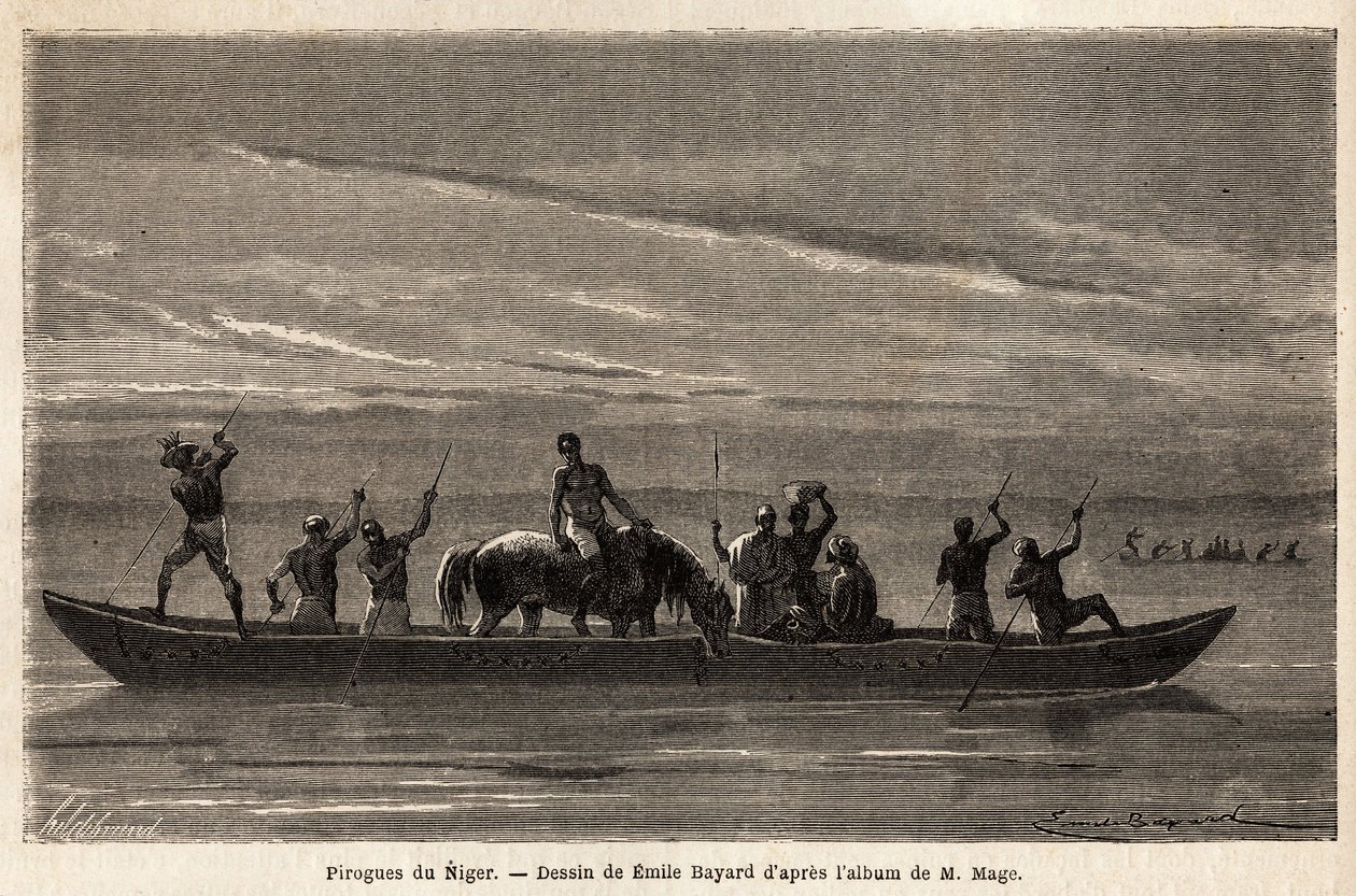 Las largas canoas de los Bambaras en el río Níger, maniobradas con largas pértigas, pueden transportar a varias personas e incluso ganado o caballos. Grabado para ilustrar el viaje al Sudán Occidental del Teniente (Marina) M.Mage, en 1863-1866, publicado e de Unknown artist