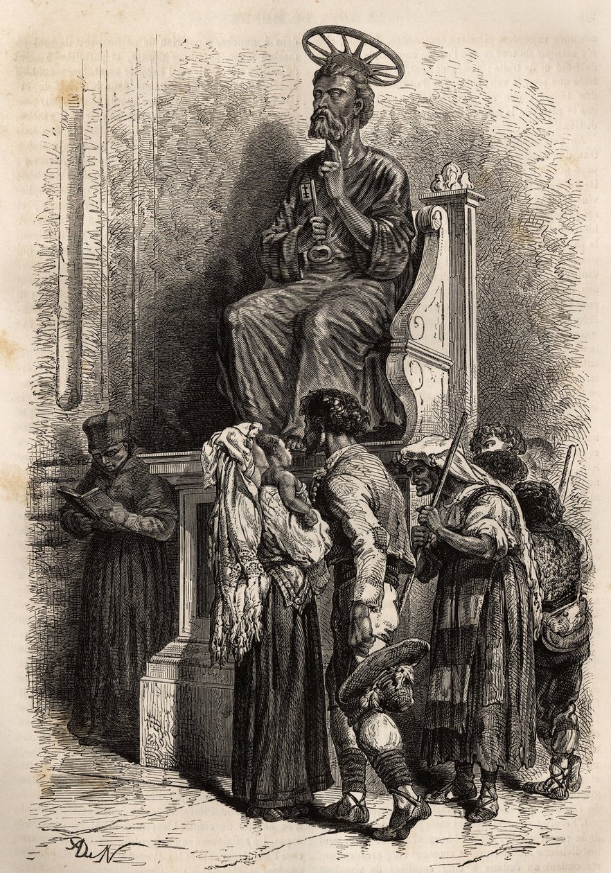 El pie inferior de la estatua de bronce de San Pedro, objeto de veneración para los peregrinos católicos que ingresan a la Basílica de San Pedro en el Vaticano. Grabado para ilustrar la historia de Ludovic Celler: la semana santa en Roma, en 1863, en "Le t de Unknown artist