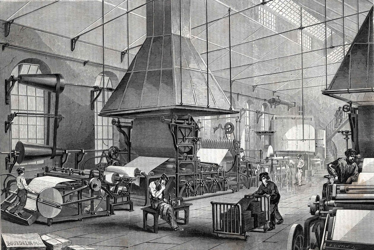 La sala de máquinas de una papelería. Grabado de Unknown artist