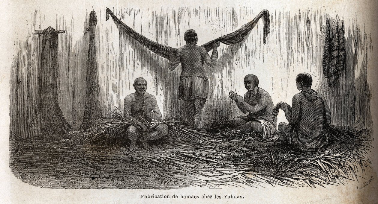 La fabricación de hamacas entre los indios Yahua de Perú, a partir de finos hilos de palma chambira trenzados. Grabado para ilustrar el viaje del Océano Pacífico al Océano Atlántico, a través de América del Sur, en 1848-1860 por Paul Marcoy, en “Le tour du de Unknown artist