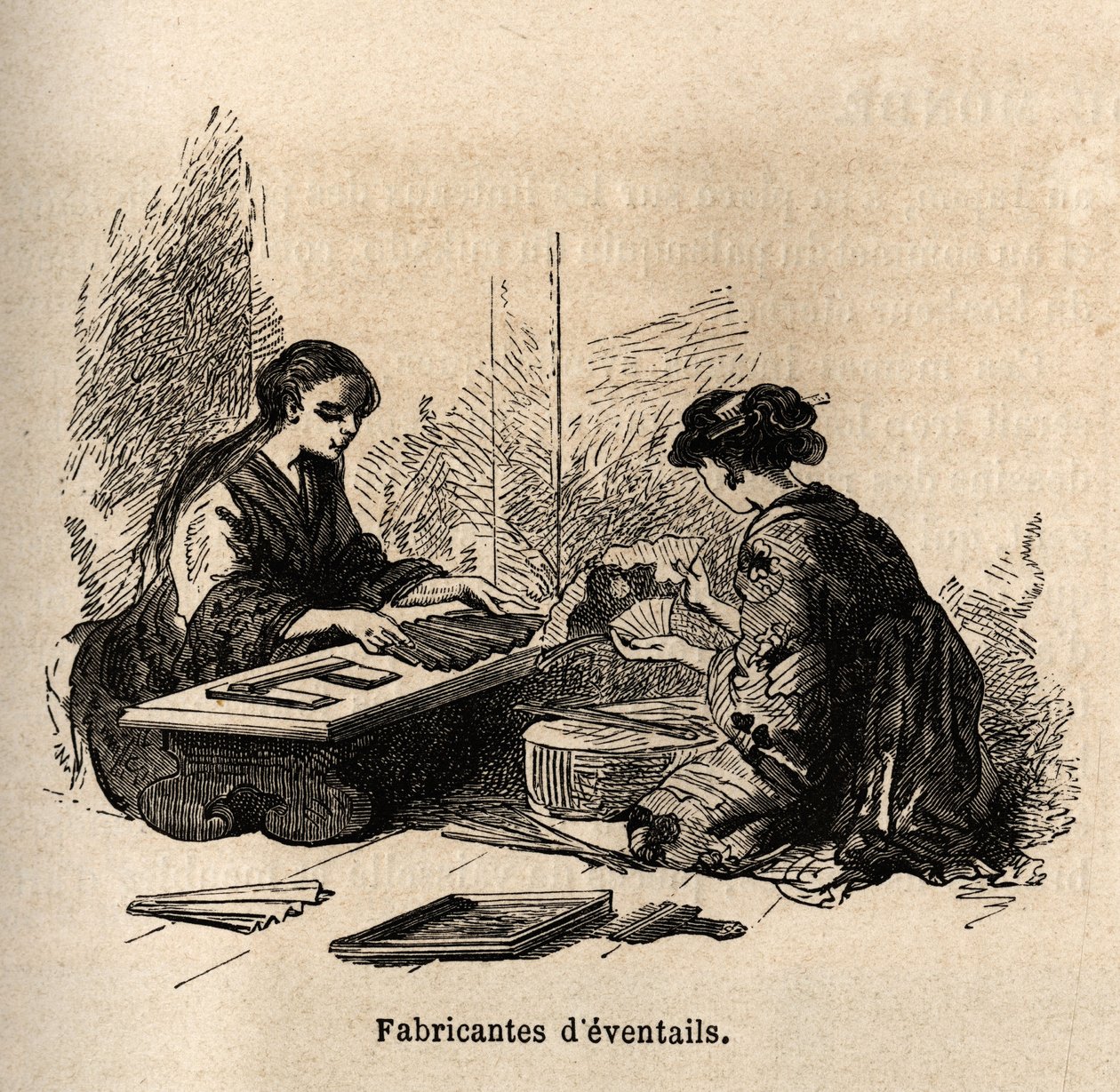 La fabricación de abanicos. Grabado para ilustrar el viaje a Japón en 1863-1864, por Aime Humbert, ministro de la Confederación Suiza, en "Le tour du monde, nouveau journal des voyages", publicado bajo la dirección de Edouard Charton de Unknown artist