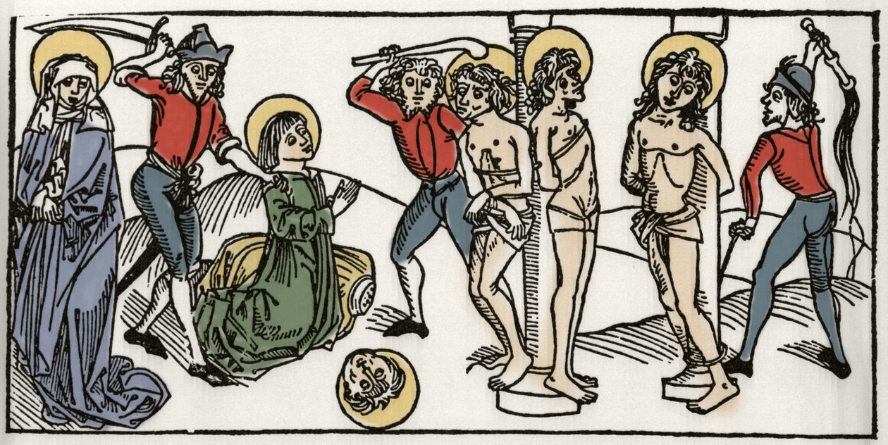 El martirio de Santa Felicitas y sus siete hijos de Roma. Grabado de “Leben der Heiligen - sommerteil” (El libro de los santos) de Jacobus (James) de Voragine (1228-1298). Lübeck 1488 de Unknown artist