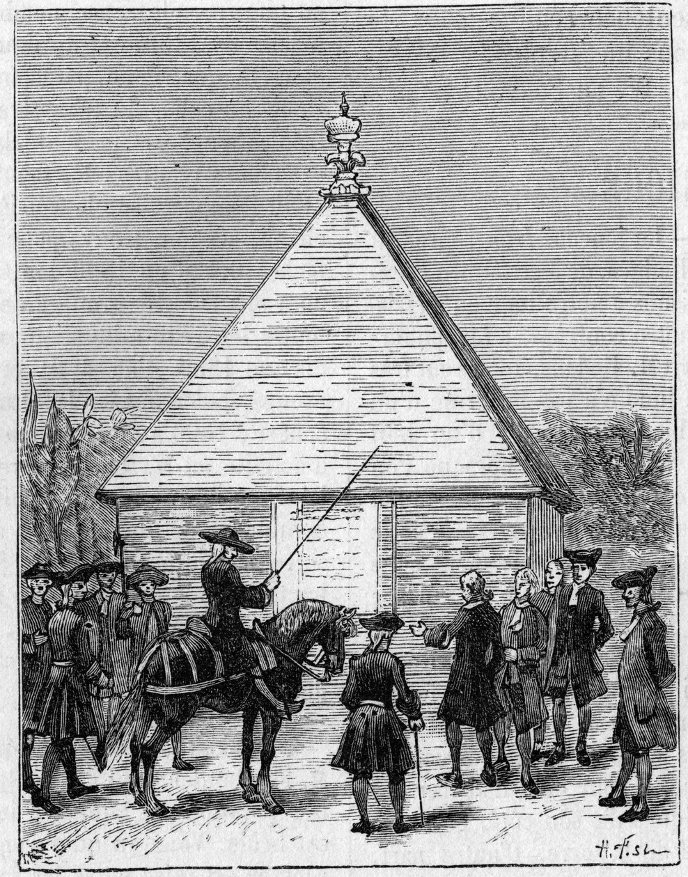 La medida del grado del Ecuador en el siglo XVIII: pirámide de Carabourou, Perú, levantada por La Condamine en 1736. Grabado en "La Naturaleza: revista de ciencias y sus aplicaciones a las artes y a la industria" del 28 de febrero de 1891 de Unknown artist