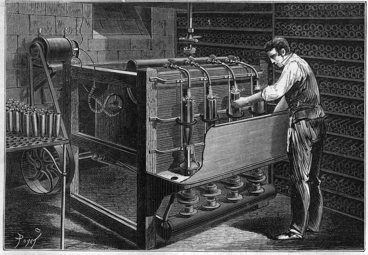 La instalación mecánica de M. Marguery, restaurador, en París: máquina automática de lavado de botellas, representada como operada por una pequeña máquina dinamoeléctrica de Gram (Zenobe Theophile Gram 1826-1901). Grabado en "La Nature: revue des sciences  de Unknown artist