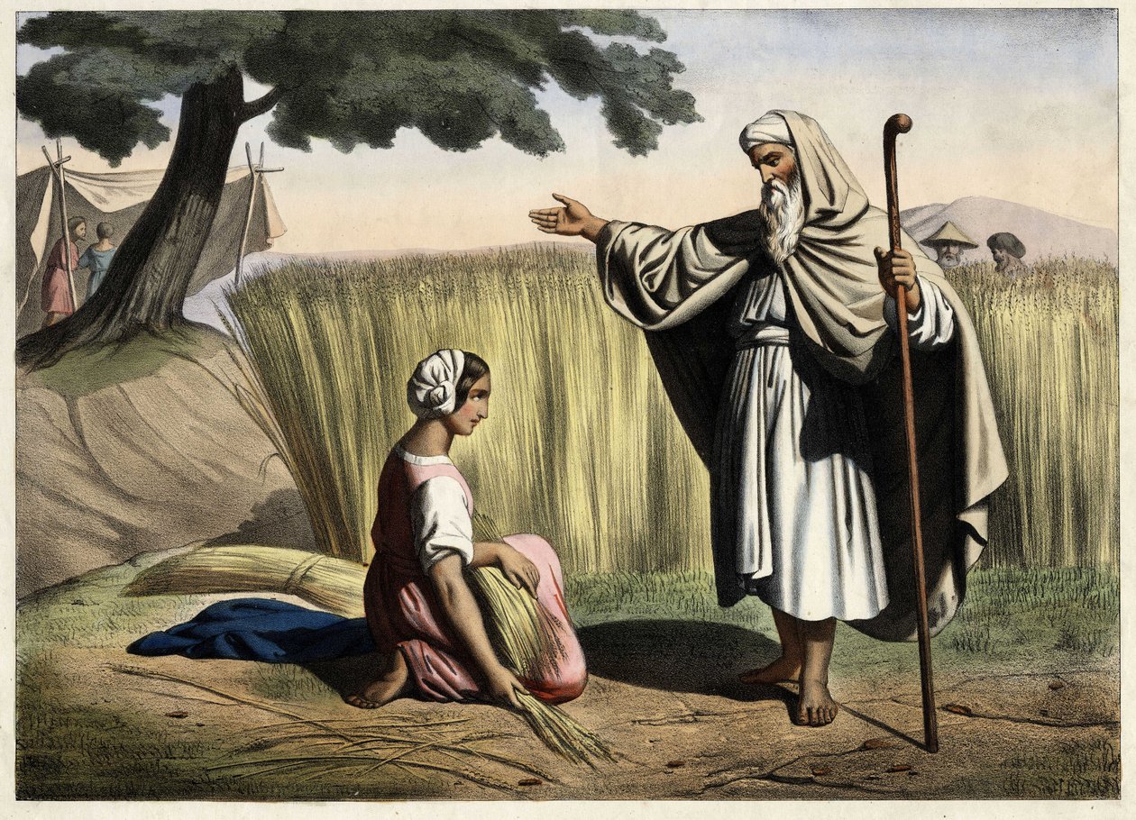 El encuentro de Rut y Booz, abuelos del rey de Israel David (1000-972 a.C.) (grabado anónimo de mediados del siglo XIX) de Unknown artist