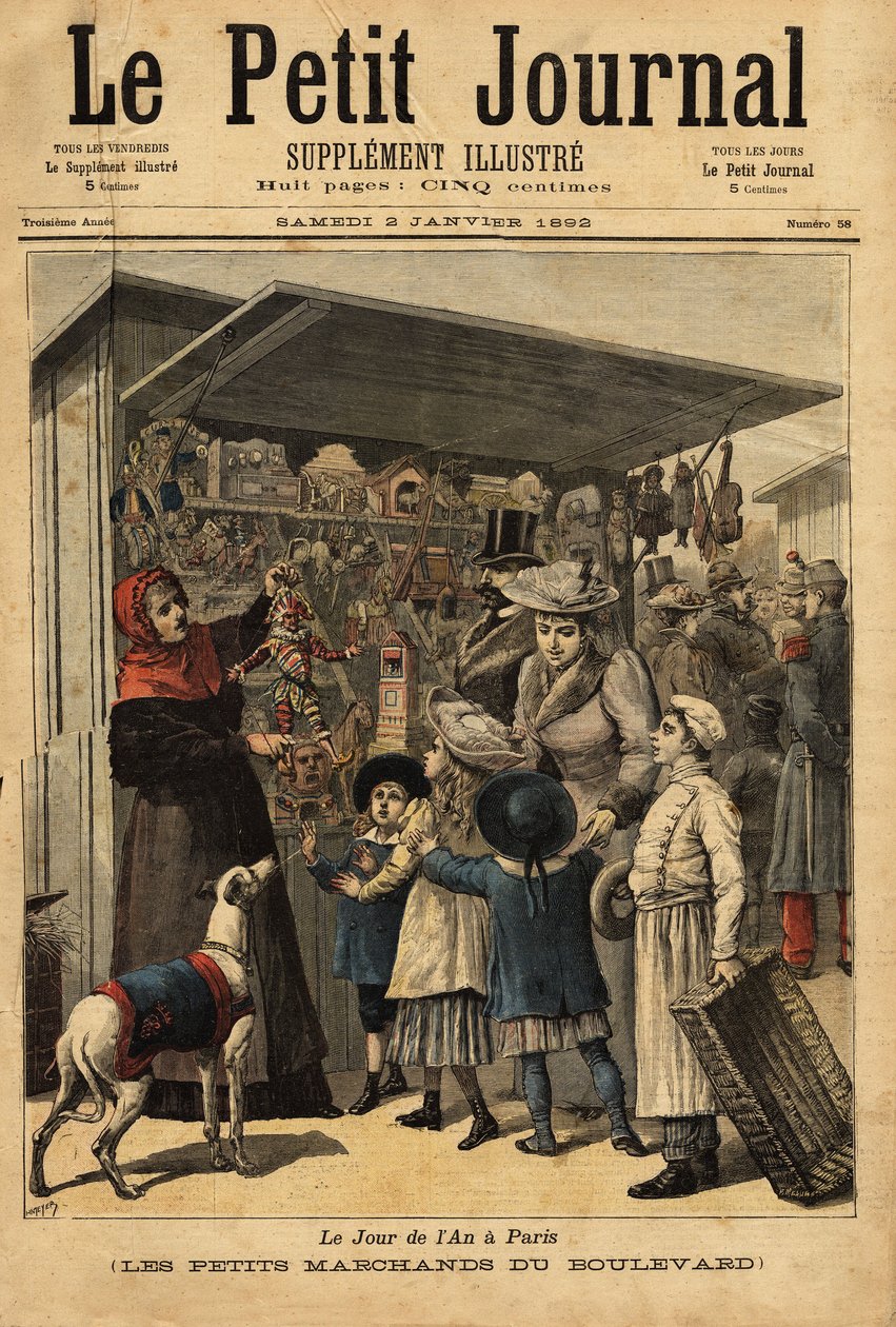 Los comerciantes y sus exhibiciones en el bulevar el día del año en París. Grabado en Le petit journal, 2/01/1892. Colección Selva de Unknown artist