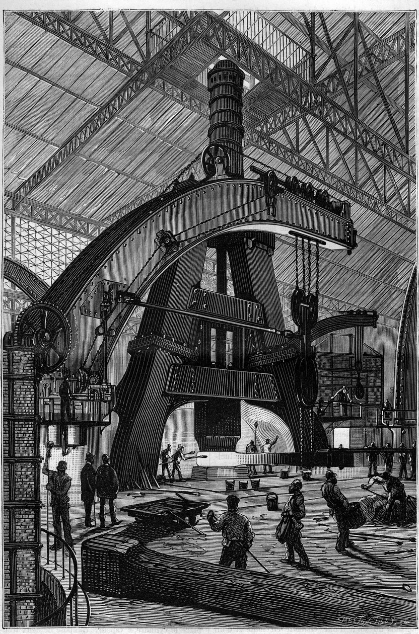 La industria del metal: la forja. El martillo de vapor de Creusot tal como está instalado en las fábricas de Schneider y Compañía. Grabado en "La Nature" de Unknown artist
