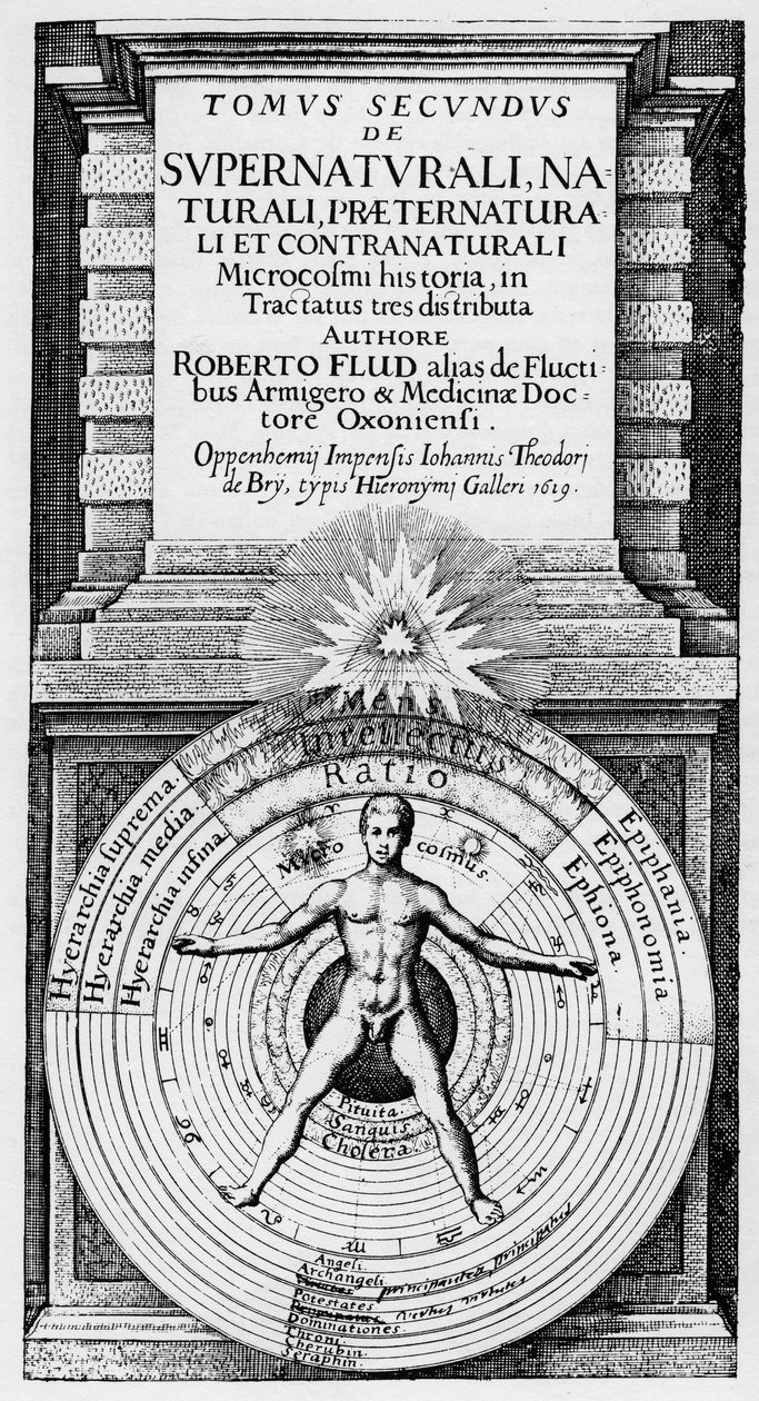 El microcosmos y el macrocosmos - Representación alegórica de la posición del hombre en el universo (hombre de Vitruvio): relación del hombre (microcosmos) con el Macrocosmos simbolizado por las esferas del Sol, la Luna y los planetas, diferentes temperame de Unknown artist