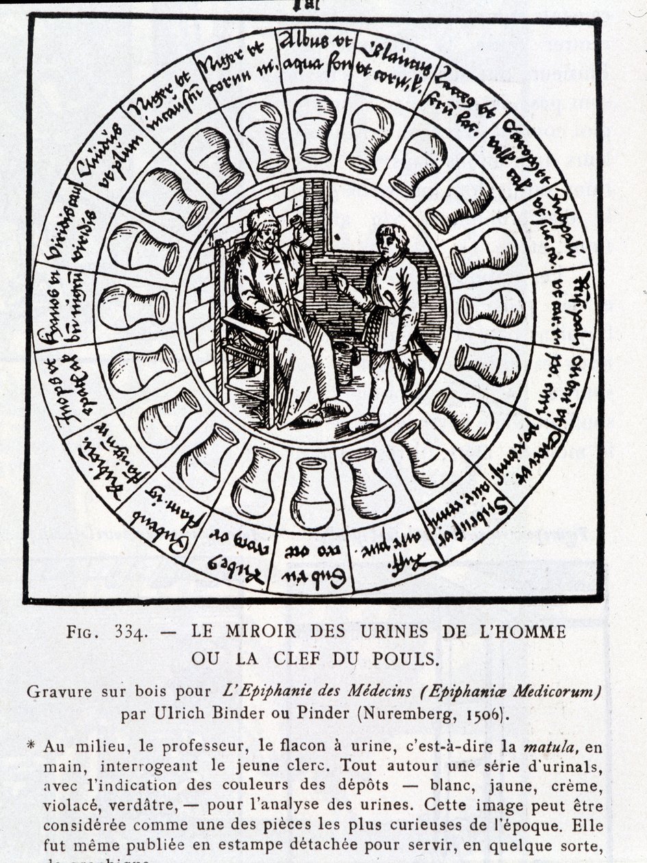 El espejo de la orina del hombre o “La clave del pulso” - grabado en madera en “La epifanía de los médicos” de Pinder (o Binder), Núremberg de Unknown artist