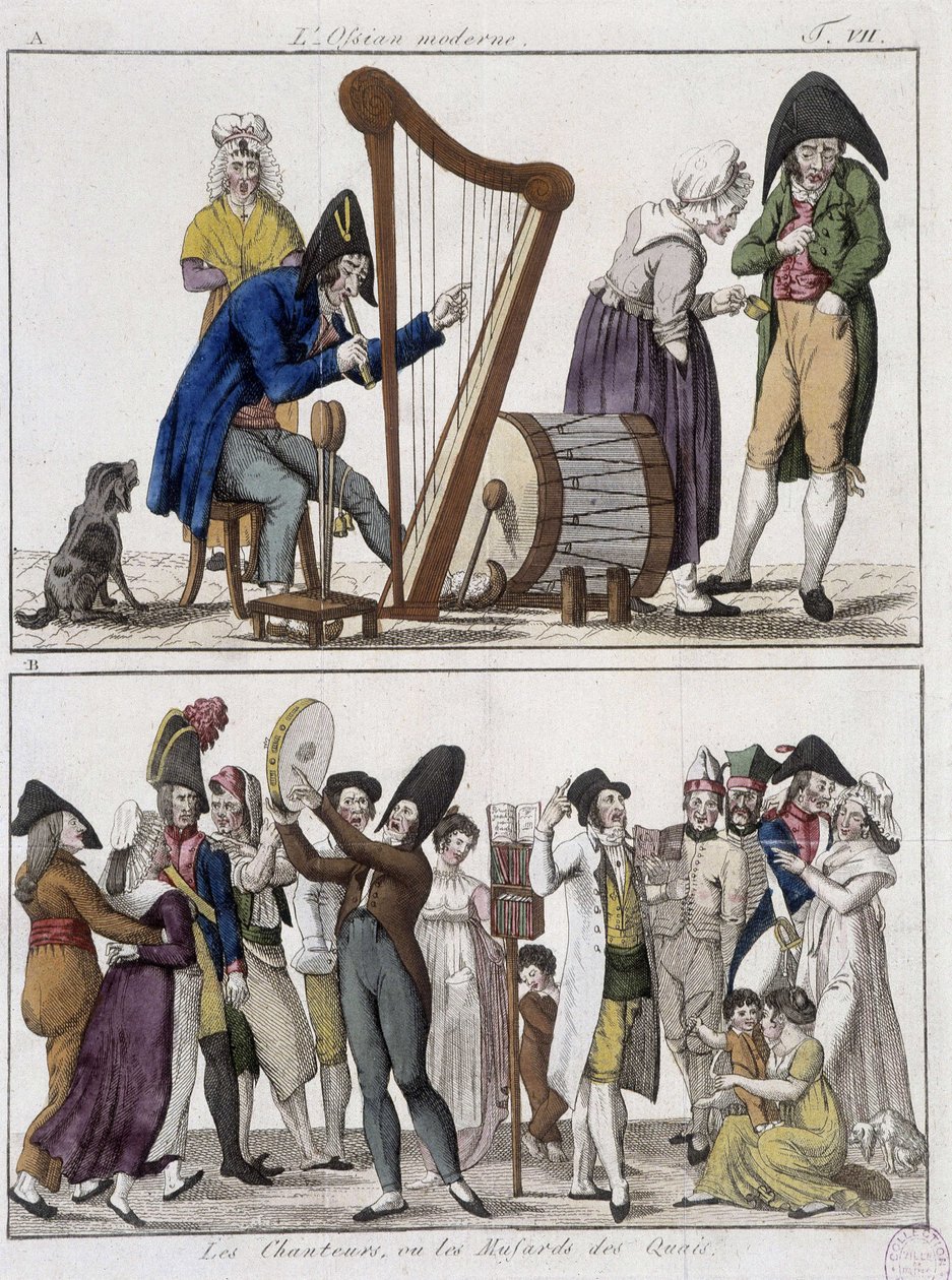 El moderno Ossian (hombre orquesta) y "Los cantantes o los musards de los muelles" (Músicos de las calles) - imagen de Epinal de Unknown artist