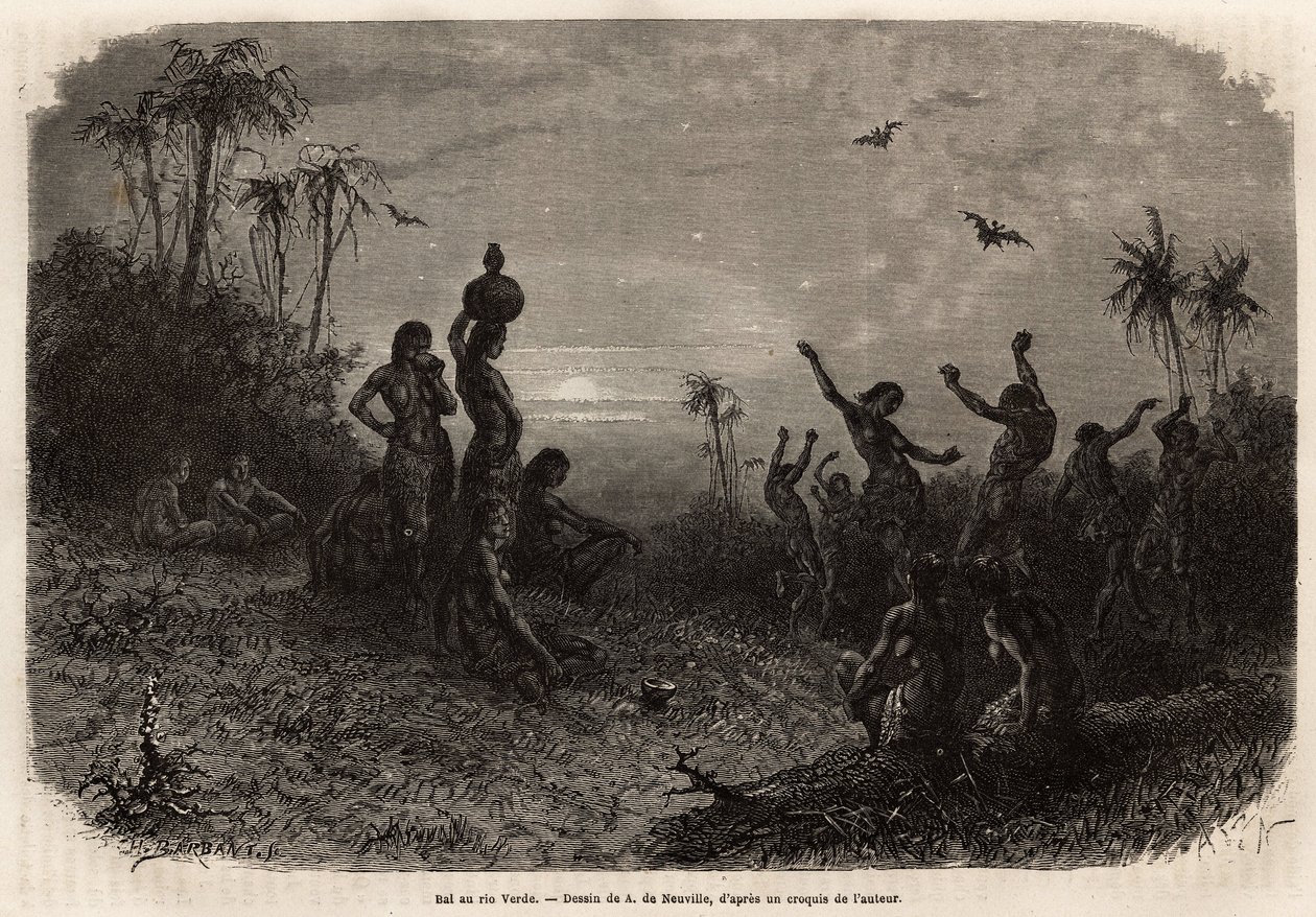 El baile a la luz de la luna, que cierra la ceremonia del 18 aniversario y la boda de un joven indio de Rio Verde (Brasil). Grabado para ilustrar el viaje a Nueva Granada, por el Dr. Saffray, en 1869, publicado en "Le tour du monde" 1873, editado por de Unknown artist