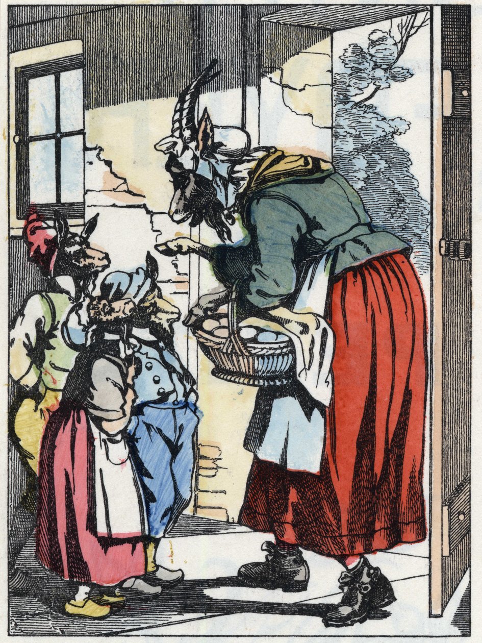 La madre cabra se va de paseo y advierte a sus biquets. Ilustración del cuento "Compere le Loup, Maitre Renard, Comere la Chevre et ses petits biquets" después de una fábula de Jean de la Fontaine. En "Cuentos del hogar para los pequeños". Grabado anónimo  de Unknown artist