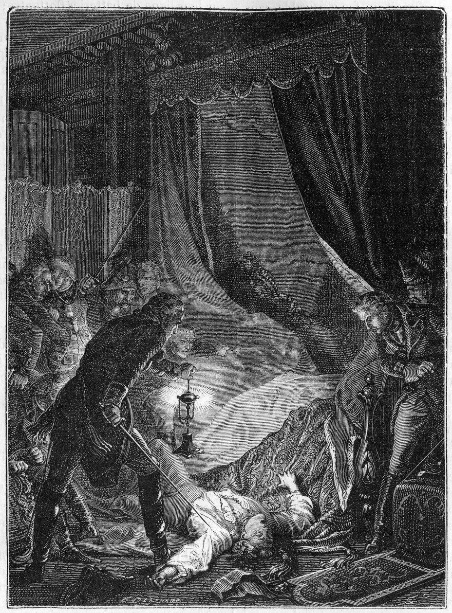 El asesinato del Zar Pablo I de Rusia, marzo de 1801 - Ilustración 1882-1884 - El asesinato de Pablo I Petrovich (1754-1801), zar ruso, en su habitación en el Palacio de San Miguel después de ser forzado a firmar su abdicación - Ilustración 1882-1884 de Unknown artist