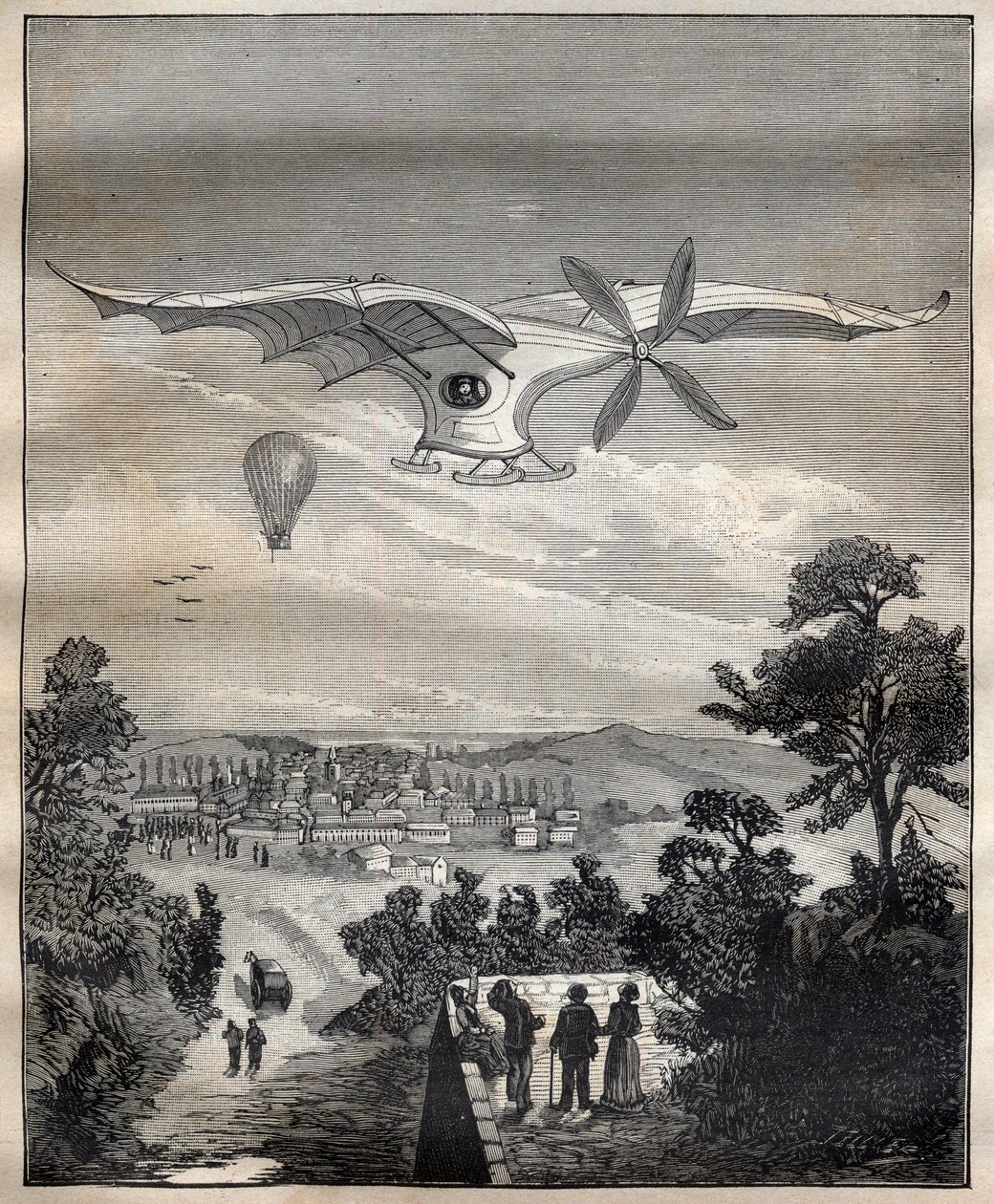 Los nuevos aerostatos: el pájaro de Clément Ader, el Eole, durante un experimento en el parque de Eugene Pereire cerca de París en 1891, habría volado 15 m sobre el suelo - Grabado en "La Science française" de Unknown artist
