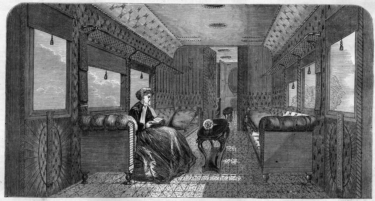 El nuevo coche de su majestad la Princesa de Gales para sus viajes en tren. Grabado en "El Universo Ilustre" de Unknown artist
