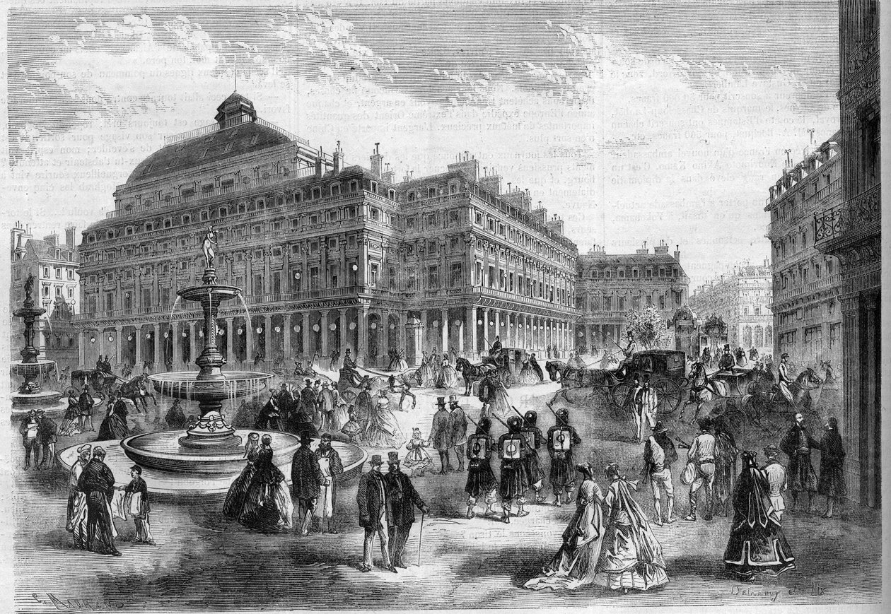 La nueva plaza del teatro francés (Comédie Française) con las fuentes proyectadas en el Palais Royal en París. Grabado en “L