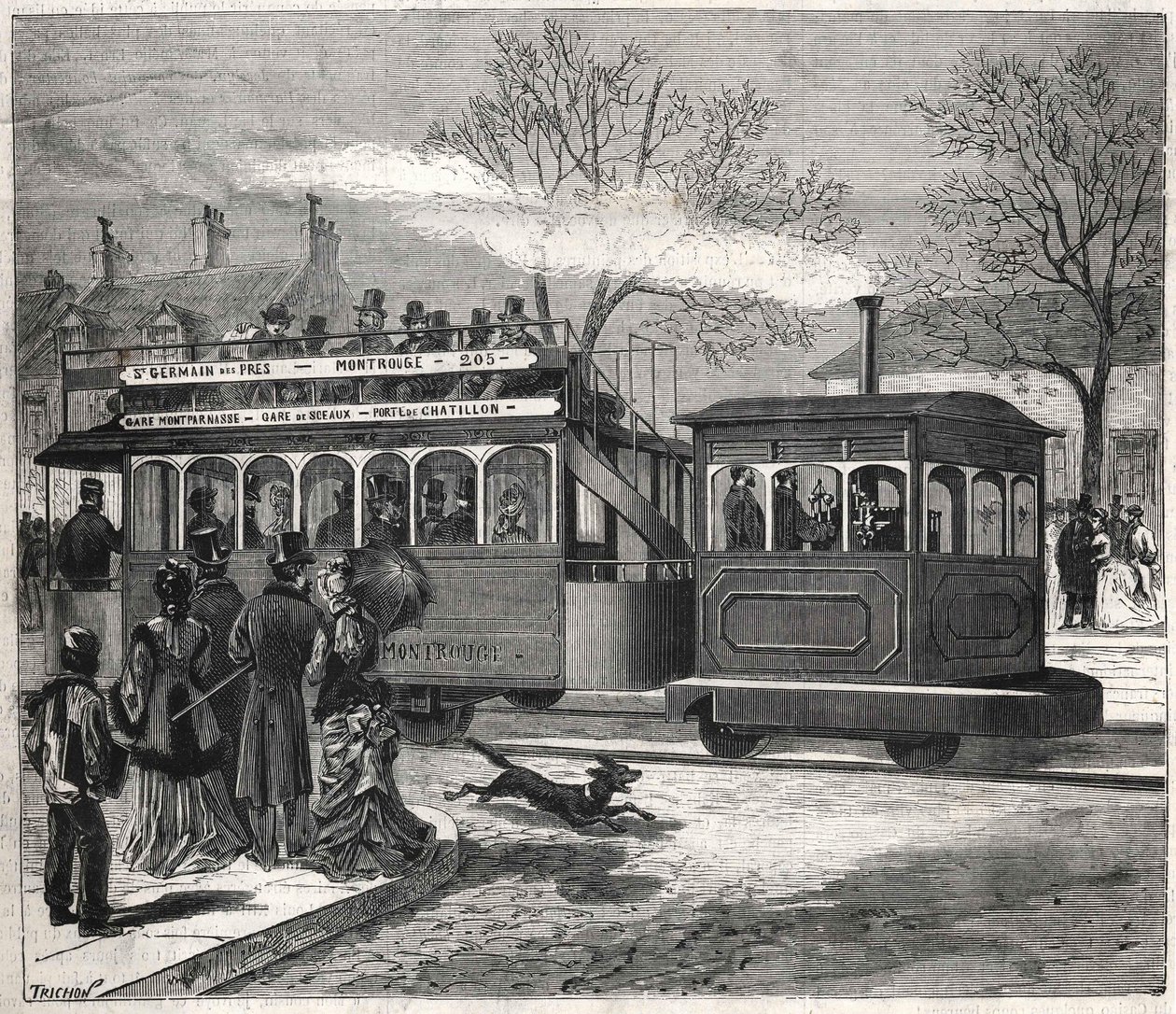 Los nuevos tranvías a vapor en París en 1876 circulando en la línea de Saint-Germain-des-Prés en la puerta de Chatillon, grabado Colección Bianchetti. de Unknown artist