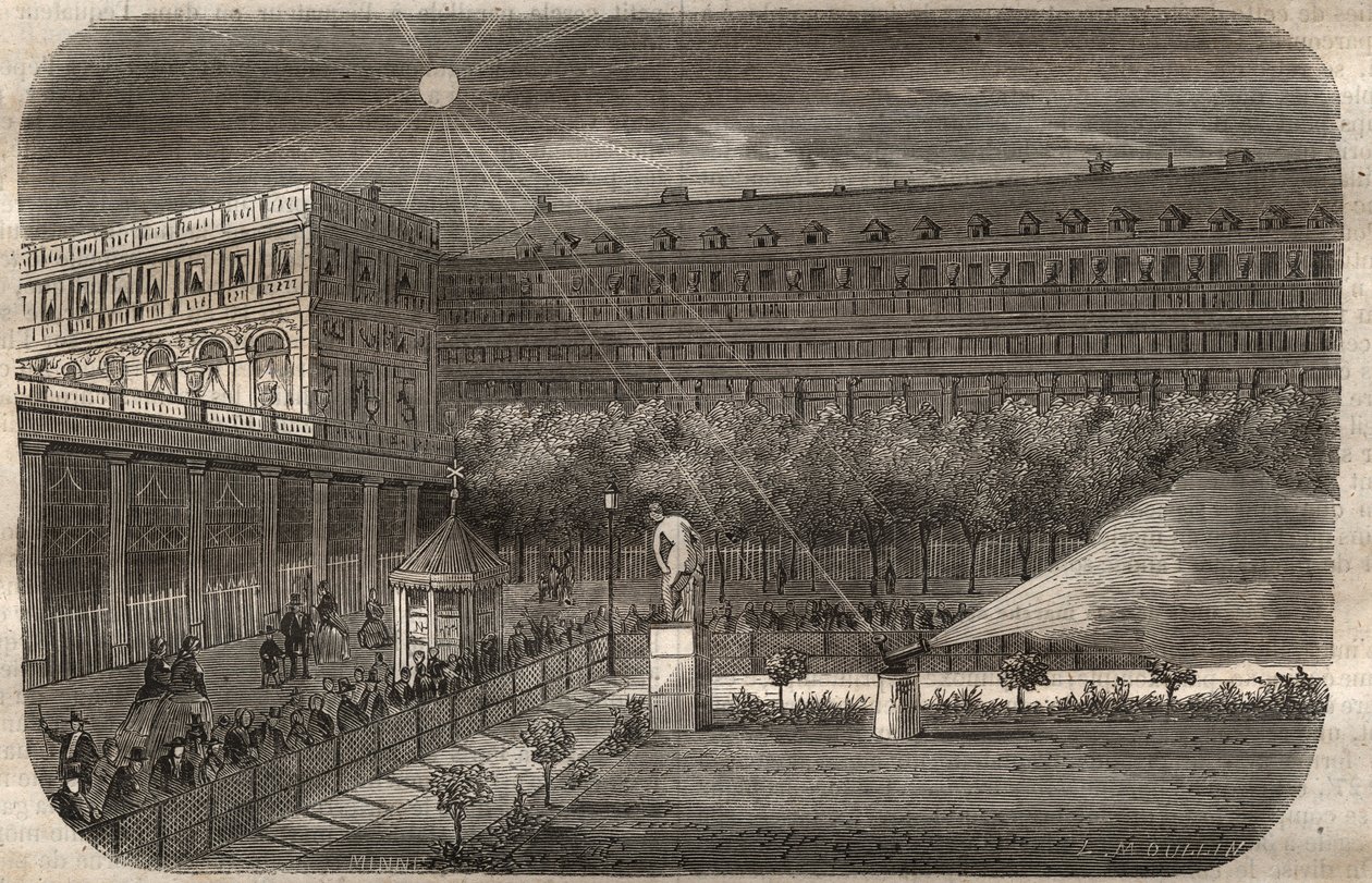 El cañón del mediodía (cañón solar) en el Palais Royal en París. Grabado de 1857 en “El Museo de las Ciencias” de Unknown artist