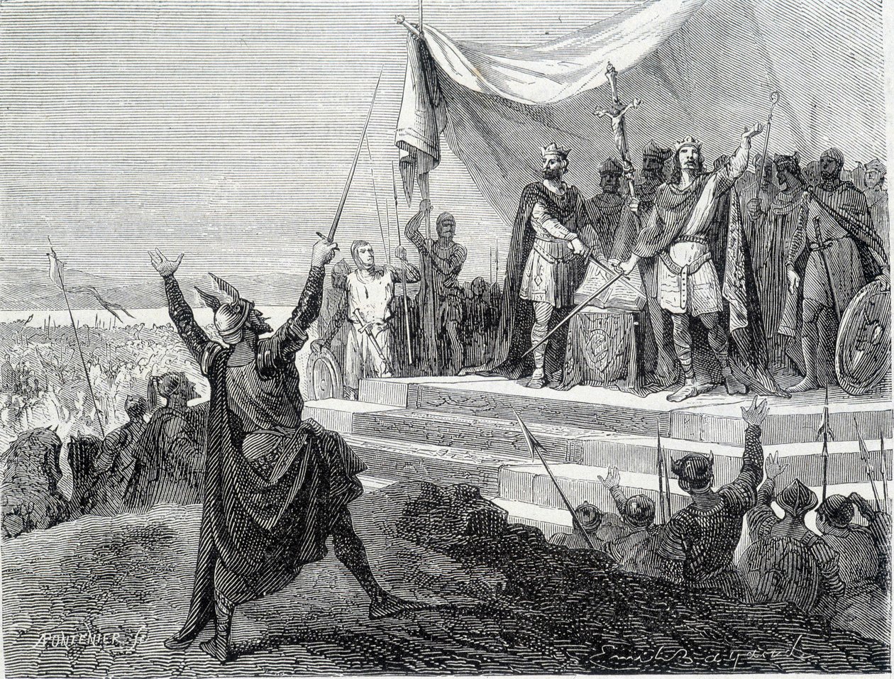 El juramento de los dos hermanos ante su armadura: Carlos II el Calvo y Luis II el Germánico juran contra Lotario I (Juramentos de Estrasburgo 842) de Unknown artist