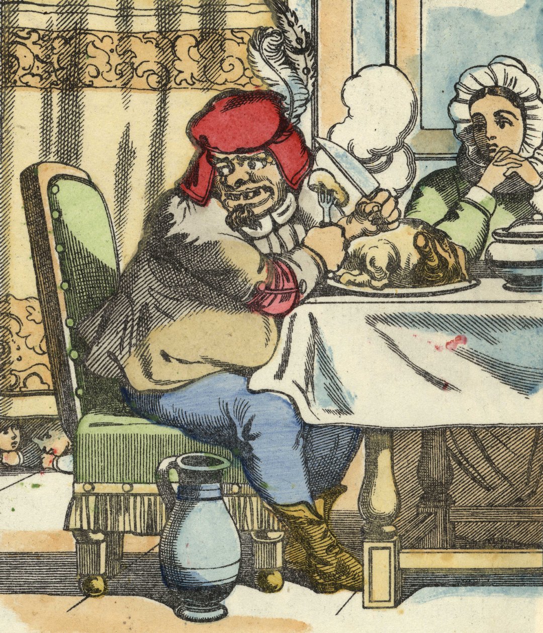 El ogro en la mesa, siente la presencia del pequeño Poucet y sus hermanos. Ilustración del cuento “Le Petit Poucet” de Charles Perrault de Unknown artist