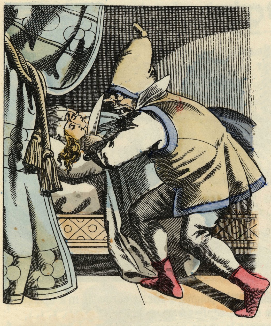 El ogro corta la cabeza de sus siete hijas pensando en matar al pequeño Poulet y sus hermanos. Ilustración del cuento “Le Petit Poucet” de Charles Perrault de Unknown artist