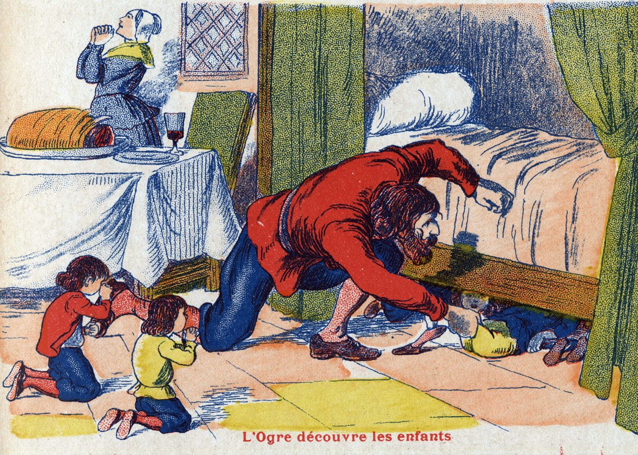 El ogro descubre a los niños. Ilustración para "Pulgarcito", cuento de Charles Perrault (1628-1703), escritor francés. Ilustración anónima. Imágenes Marcel Vagne, Jarville Nancy, sin fecha (finales del siglo XIX) de Unknown artist