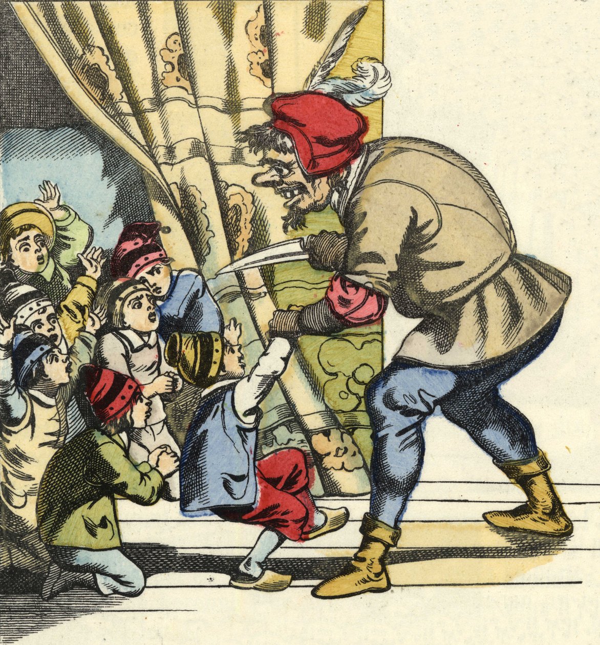 El ogro toma a un niño con la intención de devorarla. Ilustración del cuento "Pulgarcito" de Charles Perrault de Unknown artist
