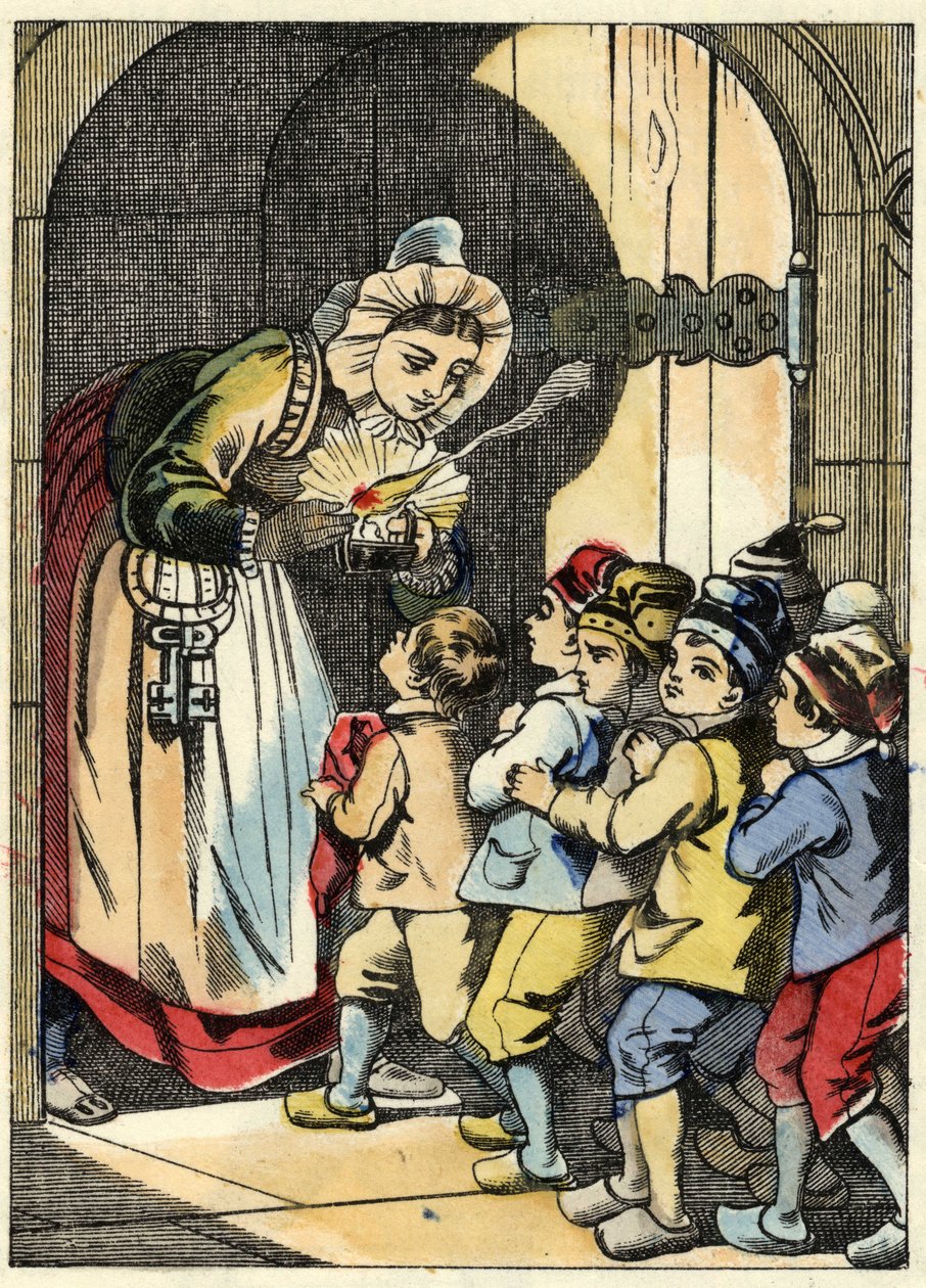 La esposa del ogro abre la puerta al pequeño Poucet y sus hermanos. Ilustración del cuento “Le Petit Poucet” de Charles Perrault de Unknown artist