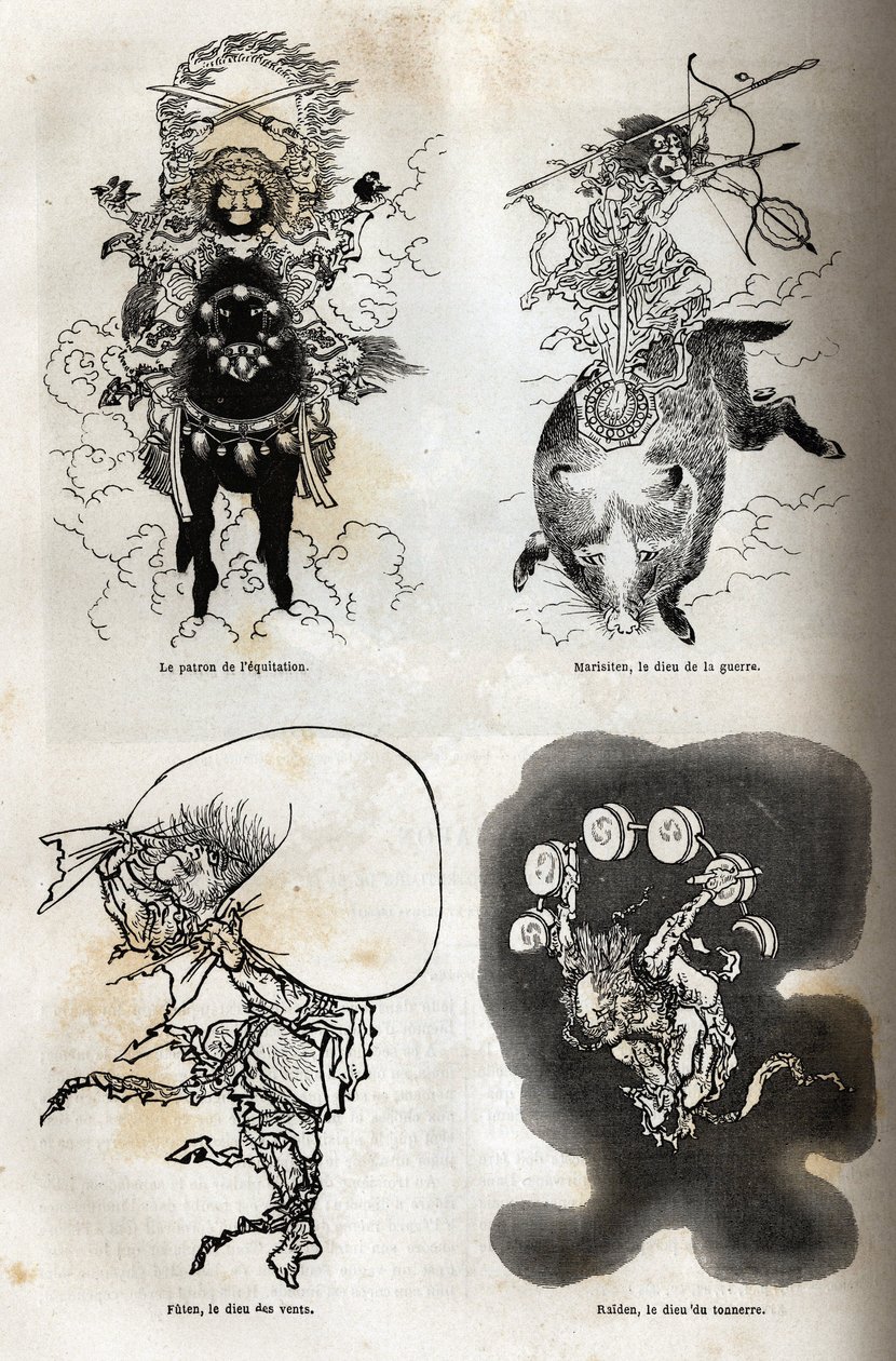El panteón de divinidades japonesas: representación tradicional de algunas figuras típicas: el patrón de la equitación; Marisiten, el dios de la guerra; Futen, el dios de los vientos; Raiden, el dios del trueno. Grabado para ilustrar el viaje a Japón en 18 de Unknown artist
