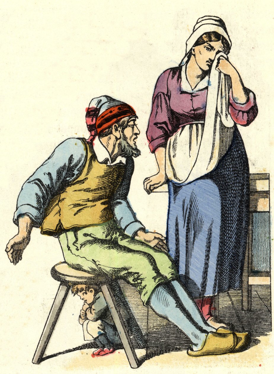 Los padres de Pulgarcito deciden abandonar a sus hijos en el bosque. Ilustración del cuento “Pulgarcito” de Charles Perrault. de Unknown artist