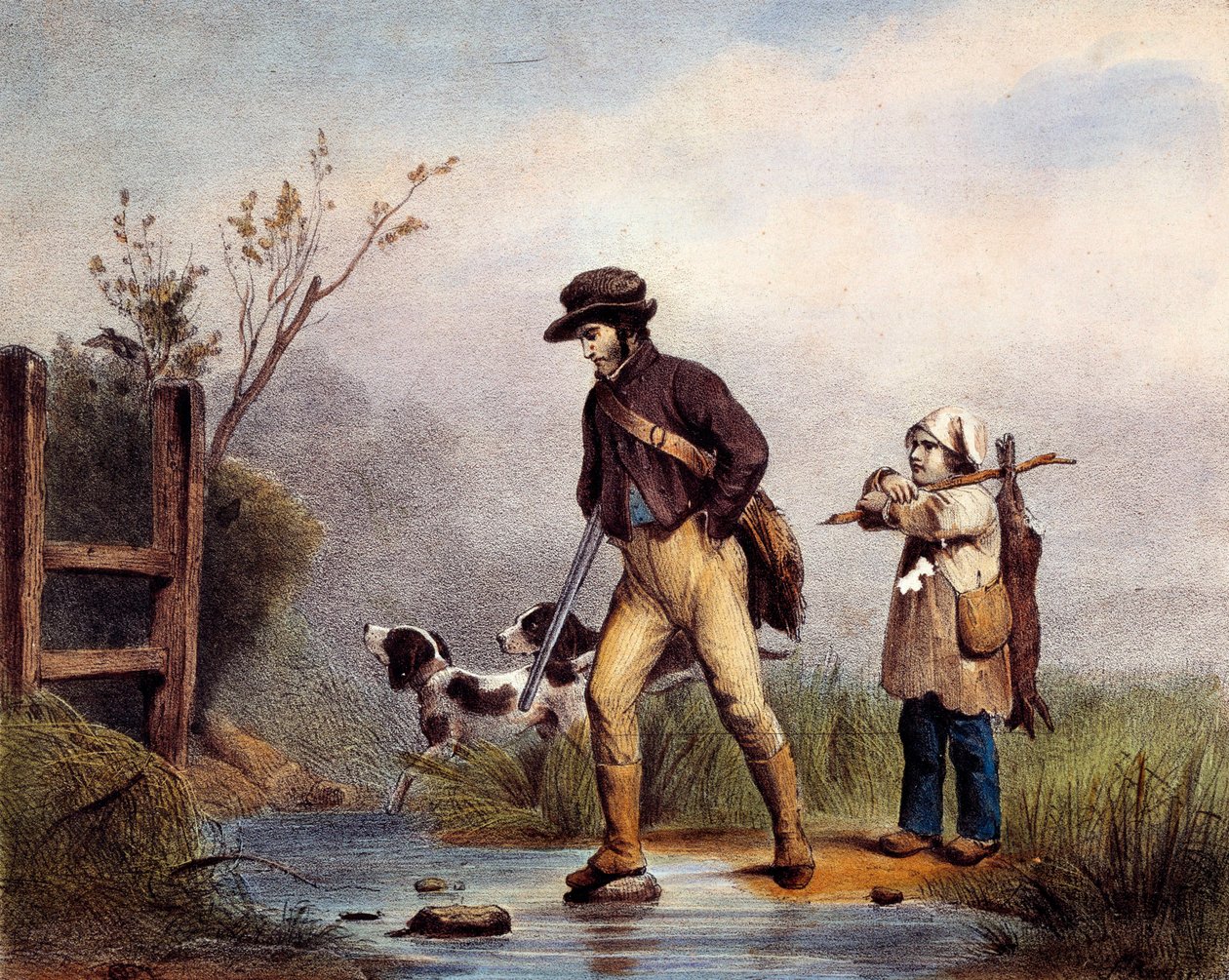 El paso tiene cazadores cruzando un curso de agua a pie de Unknown artist