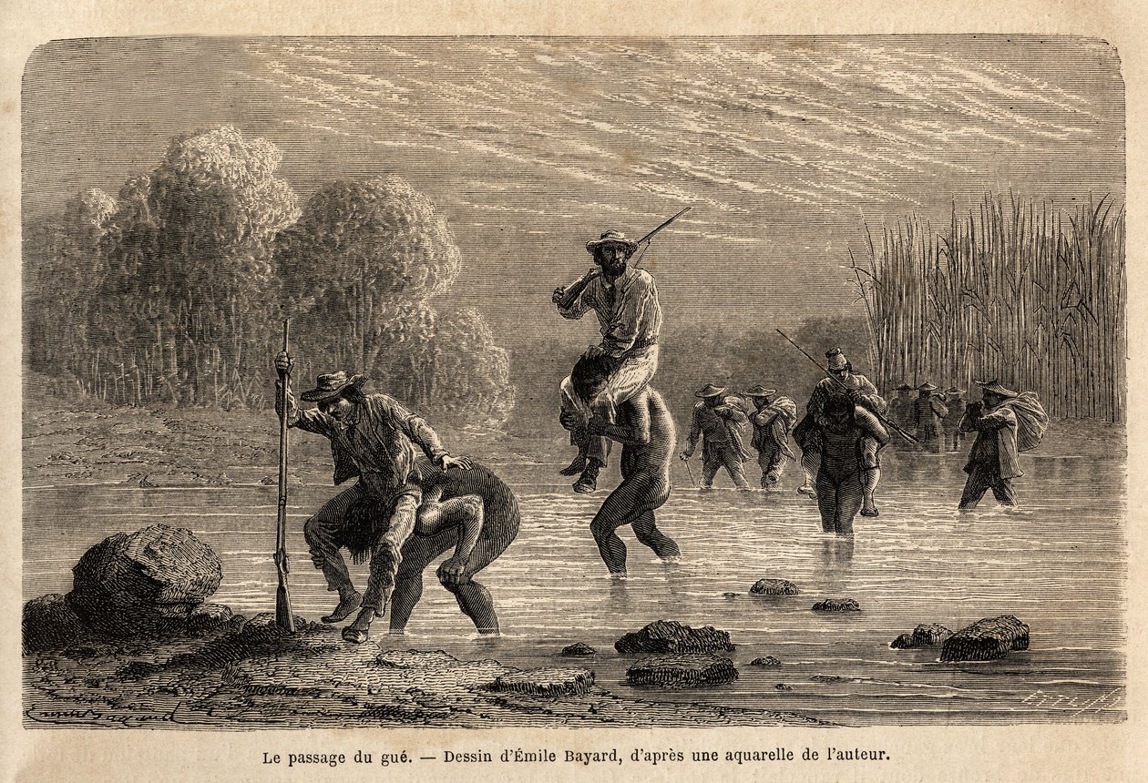 El paso del vado, los indios Siriniris, proponen espontáneamente llevar sobre sus hombros a los miembros de la expedición, para hacerlos cruzar los estanques formados al pie del Monte Basiri (Perú). Grabado para ilustrar el viaje en los valles de Unknown artist