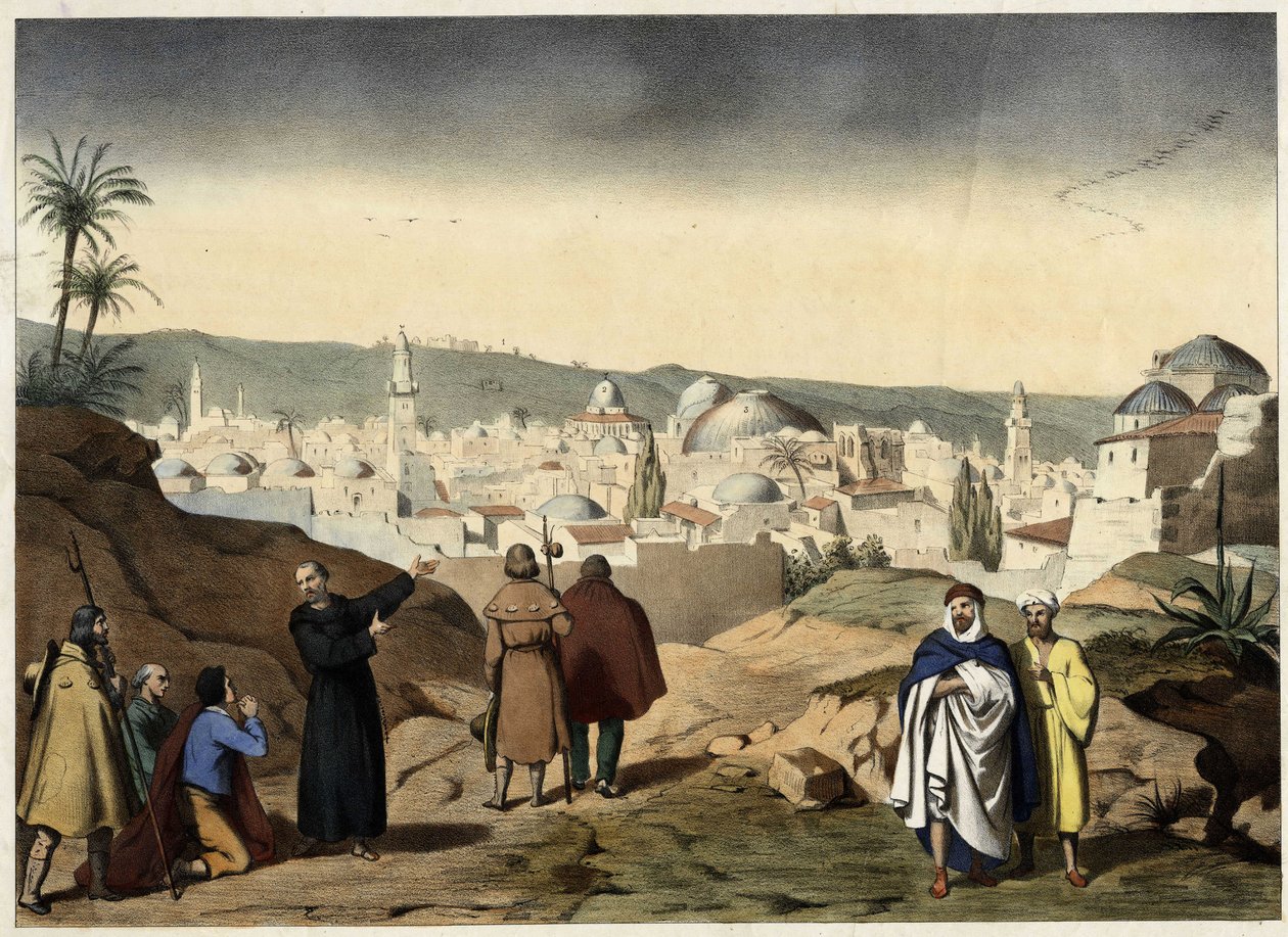 Los peregrinos llegan a la ciudad de Jerusalén. Grabado anónimo de mediados del siglo XIX - en "Gran Catecismo de Familias". de Unknown artist