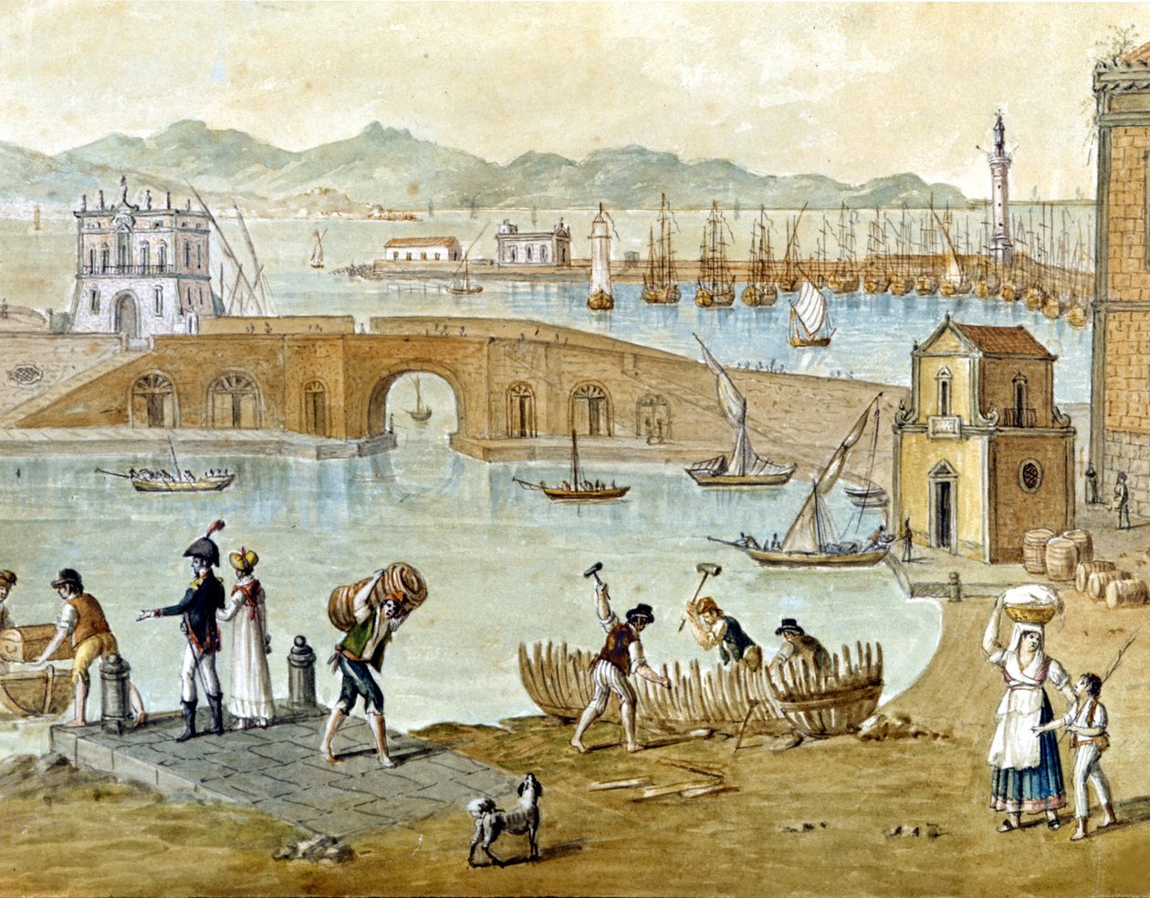 El puerto de Nápoles y Santa Lucía alrededor de 1800: los viajeros se preparan para partir y los carpinteros construyen un barco. Acuarela. de Unknown artist