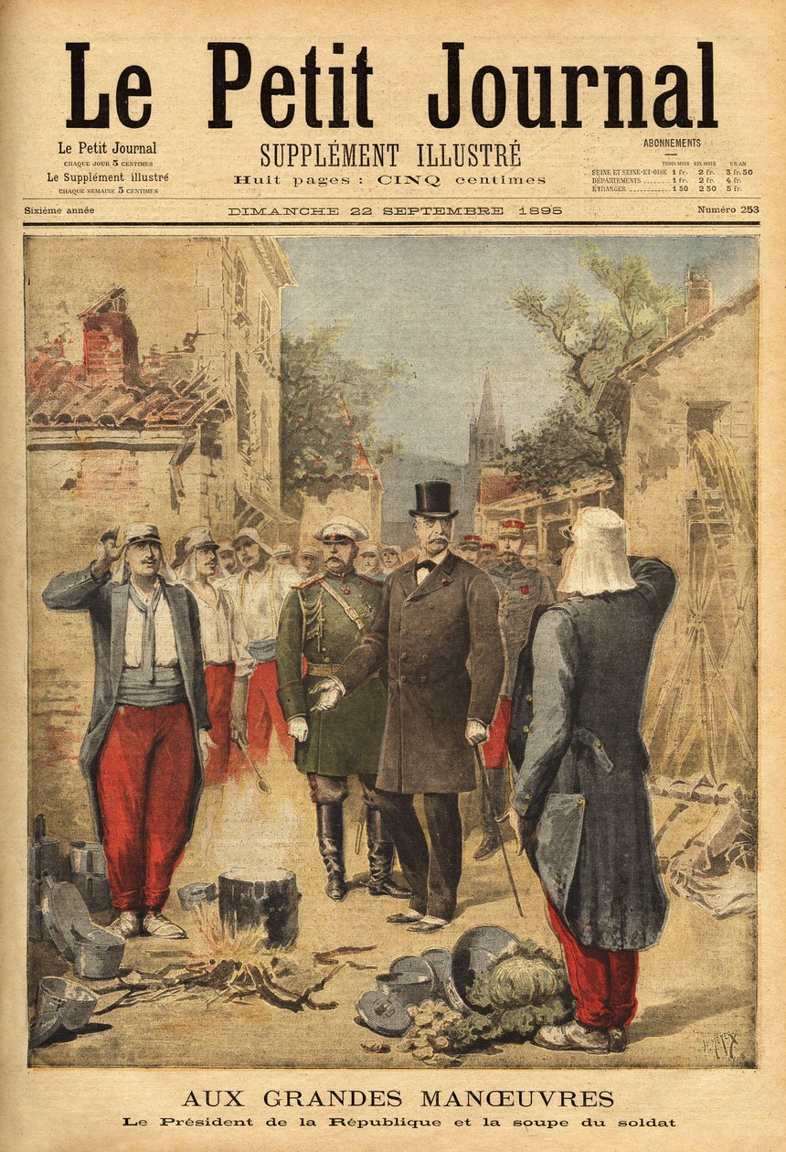 El presidente de la república, Félix Faure (1841-1899), visita a las tropas en Langres durante las grandes maniobras y, como es tradición para todos los visitantes, prueba la sopa del soldado. Grabado en "Le petit journal" 22/09/1895. Colección Selva de Unknown artist