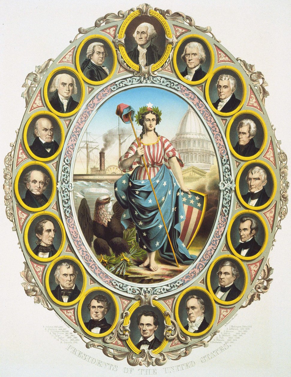 Los presidentes de los Estados Unidos con el símbolo de América en el medio. Arriba, Washington y abajo Abraham Lincoln. Póster publicado en la inauguración de la presidencia de Lincoln en 1861. Grabado de 1861 de Unknown artist
