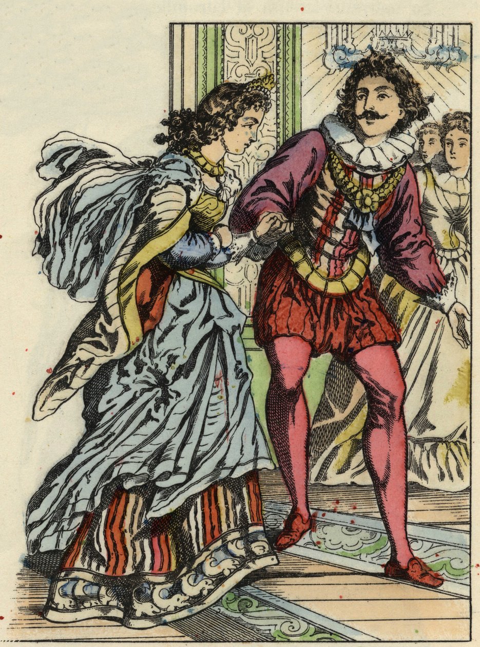 El príncipe invita a Cenicienta a bailar. Ilustración del cuento de Charles Perrault “Cenicienta o La pequeña zapatilla de cristal” de Unknown artist