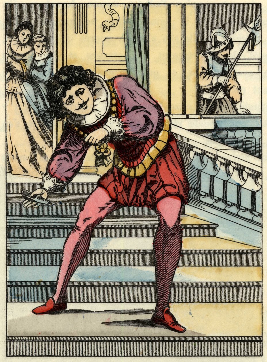 El príncipe recoge el zapato de cristal de Cenicienta. Ilustración del cuento de Charles Perrault “Cenicienta o La pequeña zapatilla de cristal”. de Unknown artist