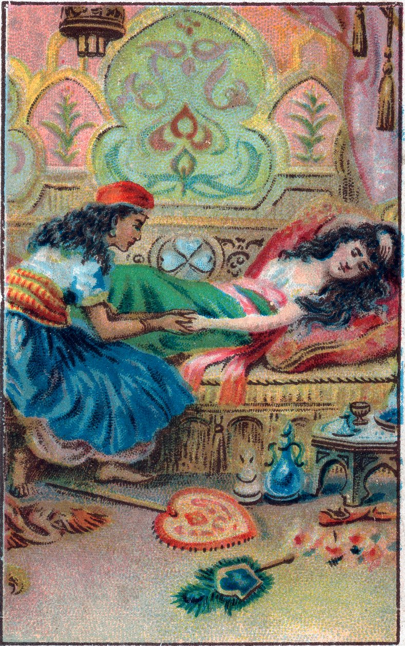 La princesa se desmaya. Cuento “Historia del caballo encantado” en “Las mil y una noches” (las 1001 noches o Le mille e una notte, Arabian Nights). Cromolitografía de finales del siglo XIX. de Unknown artist