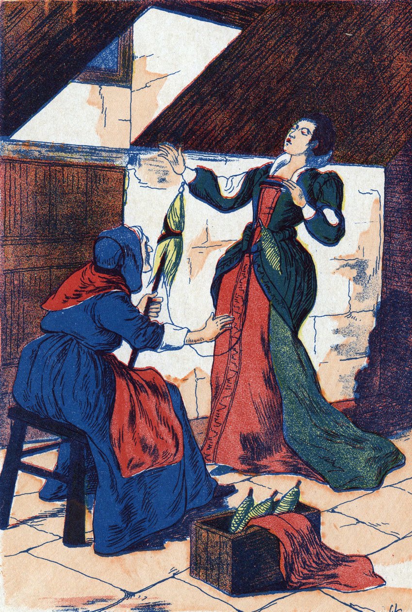 La princesa se pincha la mano y se duerme. Ilustración anónima para “La bella durmiente”, cuento de Charles Perrault (1628-1703), escritor francés. Imágenes Marcel Vagne, Jarville Nancy, sin fecha (finales del siglo XIX). de Unknown artist