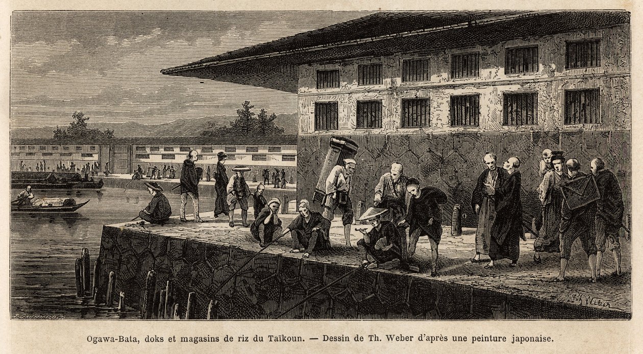 El muelle y los almacenes de tiendas de arroz en Taikoun (soberano de Japón), en el río Ogawa (que cruza Edo, actual Tokio). Grabado para ilustrar el viaje a Japón, por Aime Humbert, ministro de la Confederación Suiza, en 1863-1864. de Unknown artist