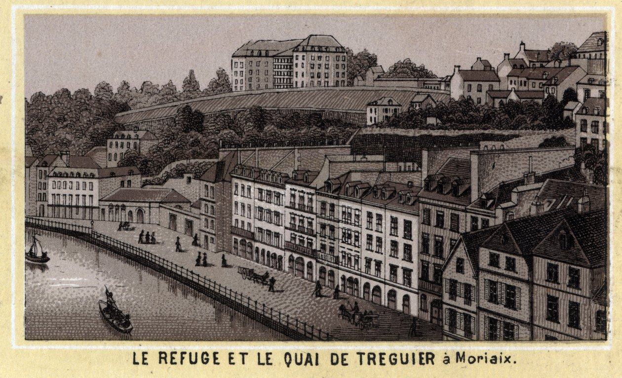 El refugio y muelle de Treguier en Morlaix (Finisterre, región de Bretaña). Cromolitografía de finales del siglo XIX de Unknown artist